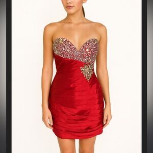 Mac Duggal 81702N Red Beaded Sequin Sweetheart Strapless Ruched Mini Dress 8 NWT